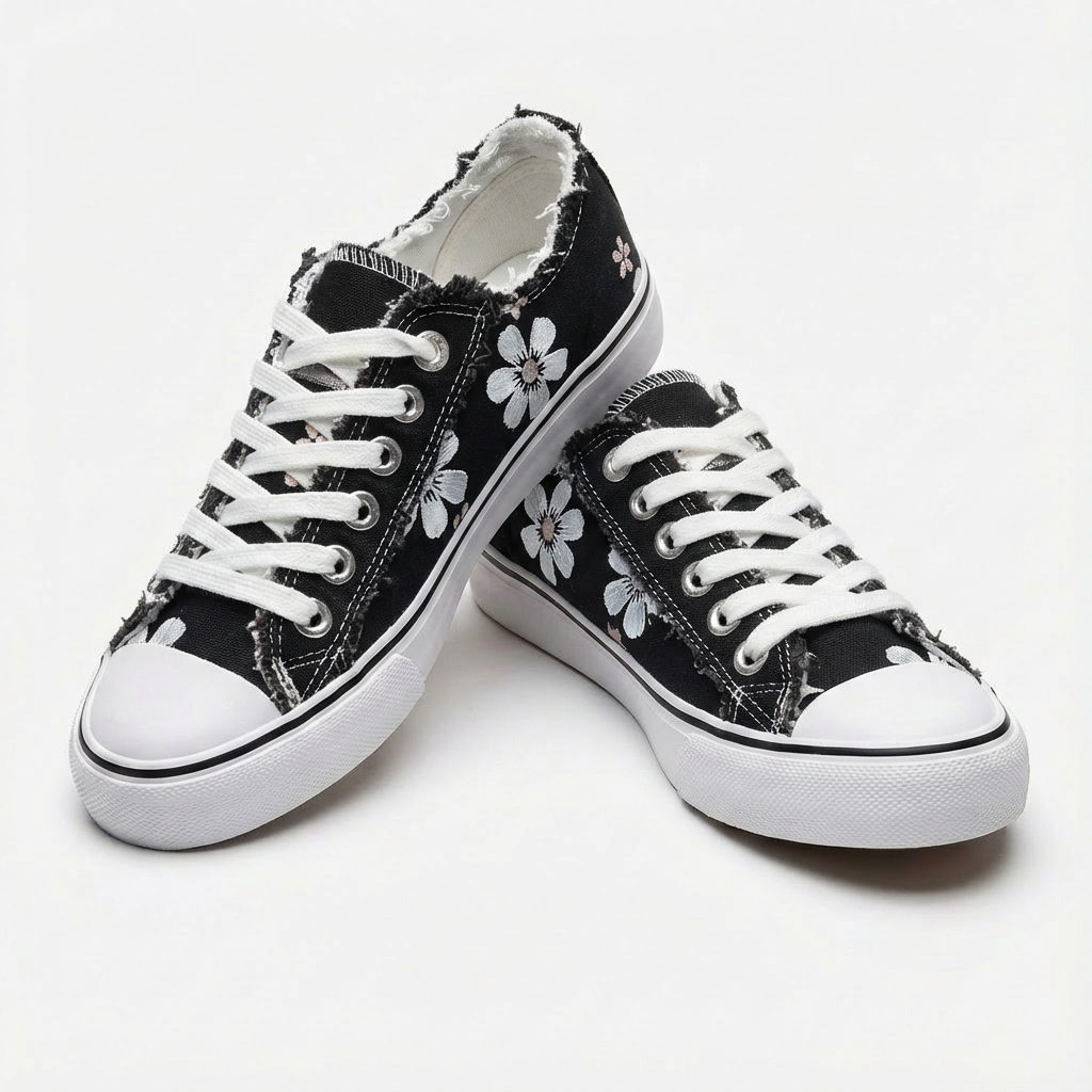 Women's Floral Print Distressed Denim Sneakers