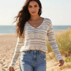 Women’s Pointelle Knit V-Neck Sweater with Stripe Detail