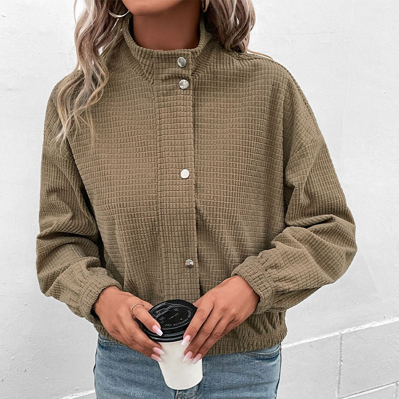 Women's Waffle Knit Snap-Button Stand Collar Jacket