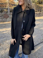 Women's Relaxed Single-Breasted Longline Coat with Wide Collar