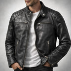 Men's Faux Leather Biker Jacket with Quilted Shoulders