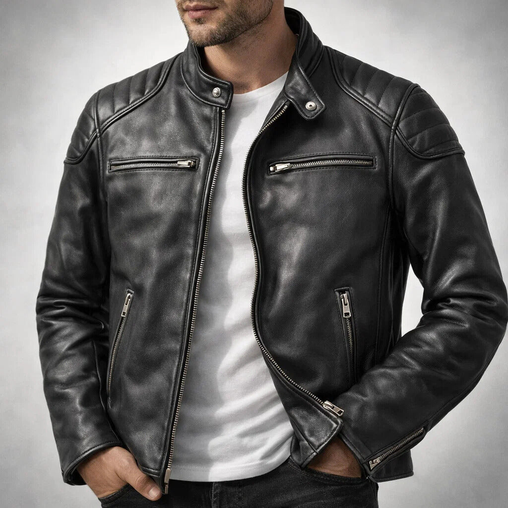 Men's Faux Leather Biker Jacket with Quilted Shoulders