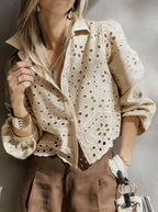 Women's Eyelet Embroidered Balloon Sleeve Button-Up Blouse
