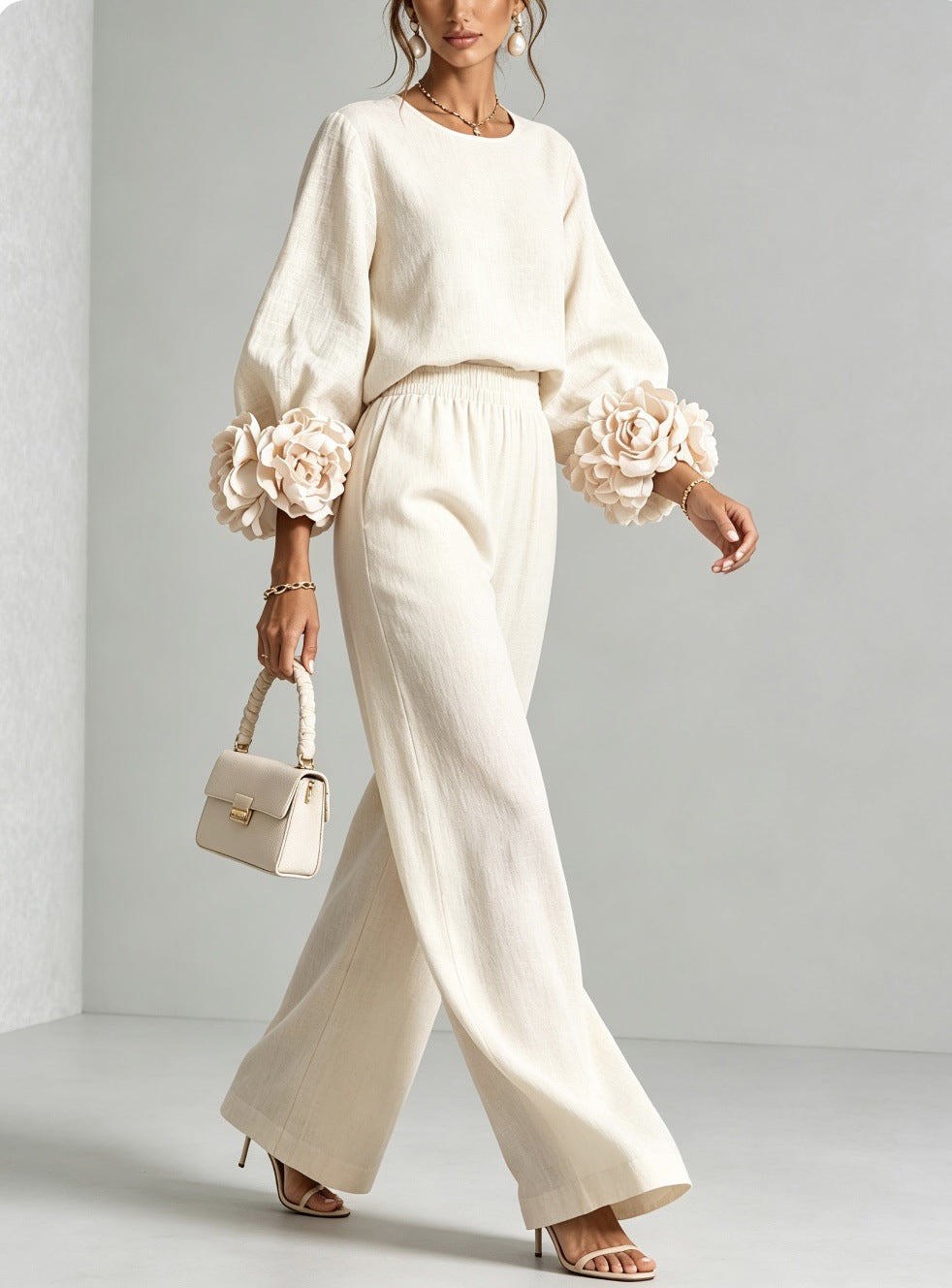 Women’s Flower Cuff Blouse and Wide-Leg Trouser Set
