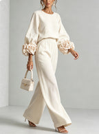 Women’s Flower Cuff Blouse and Wide-Leg Trouser Set