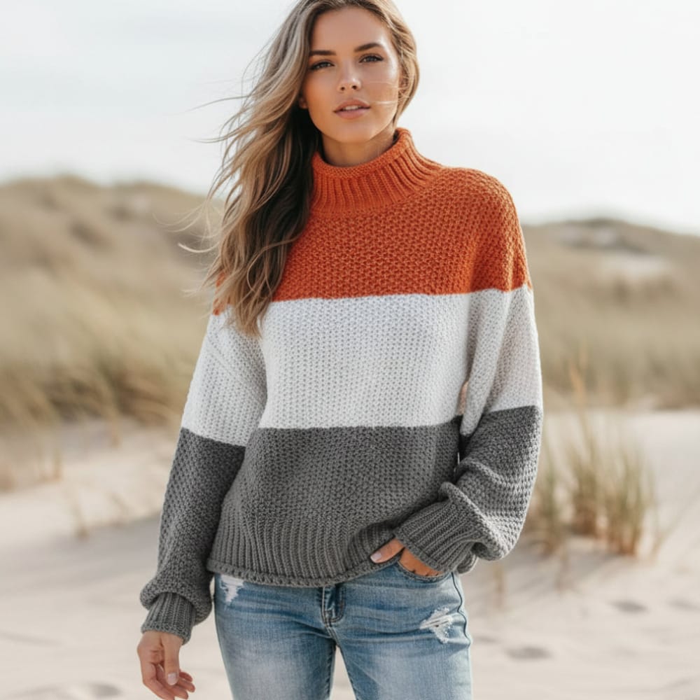 Women’s Colour Block Textured Knit Mock Neck Sweater