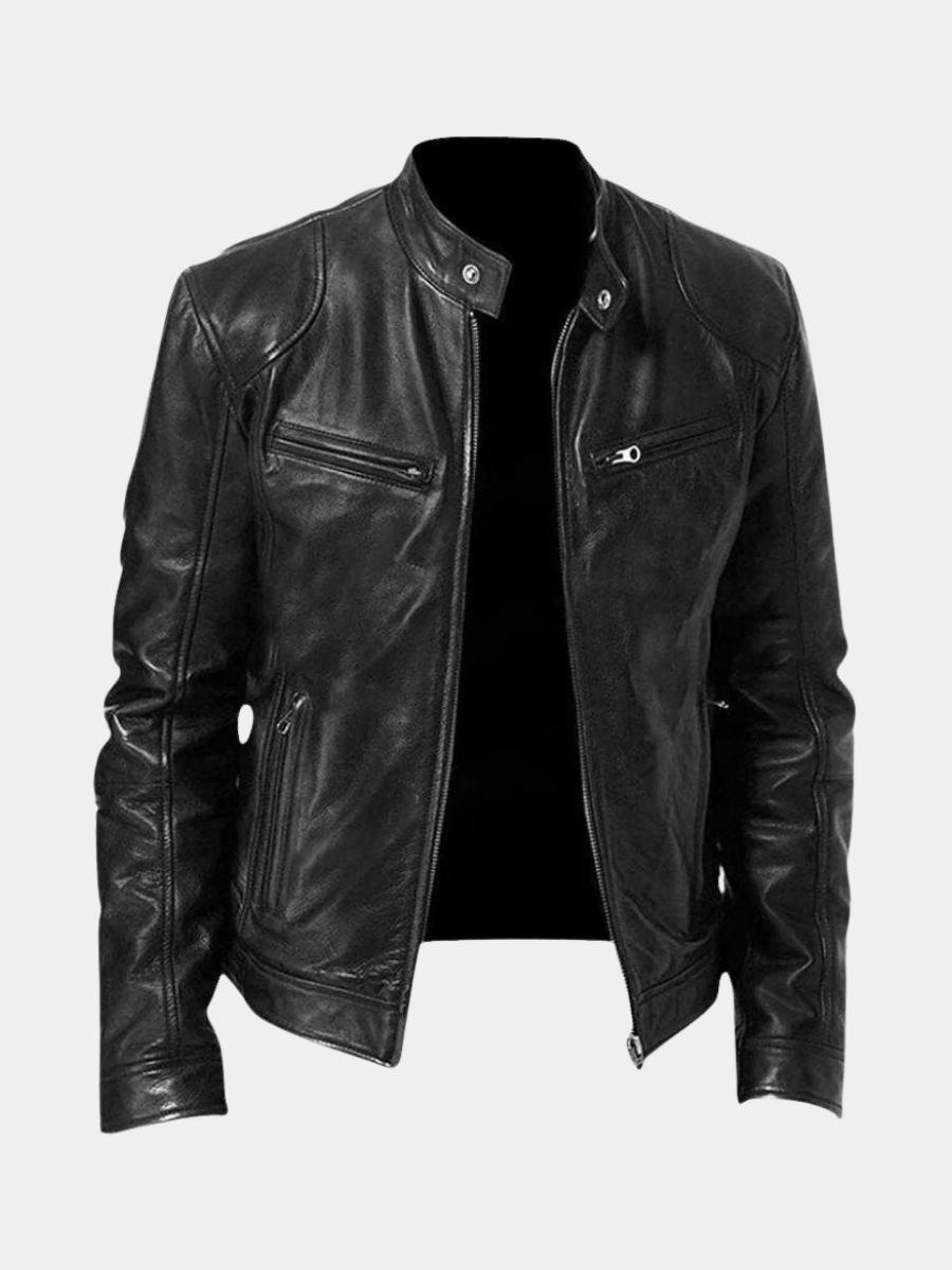 Men's Faux Leather Café Racer Jacket with Zip Pockets