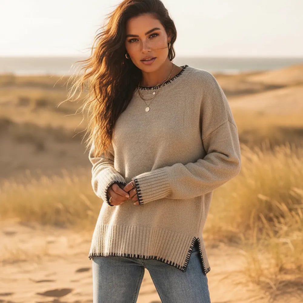 Women’s Oversized Knit Sweater with Contrast Blanket Stitch Trim
