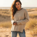 Women’s Oversized Knit Sweater with Contrast Blanket Stitch Trim