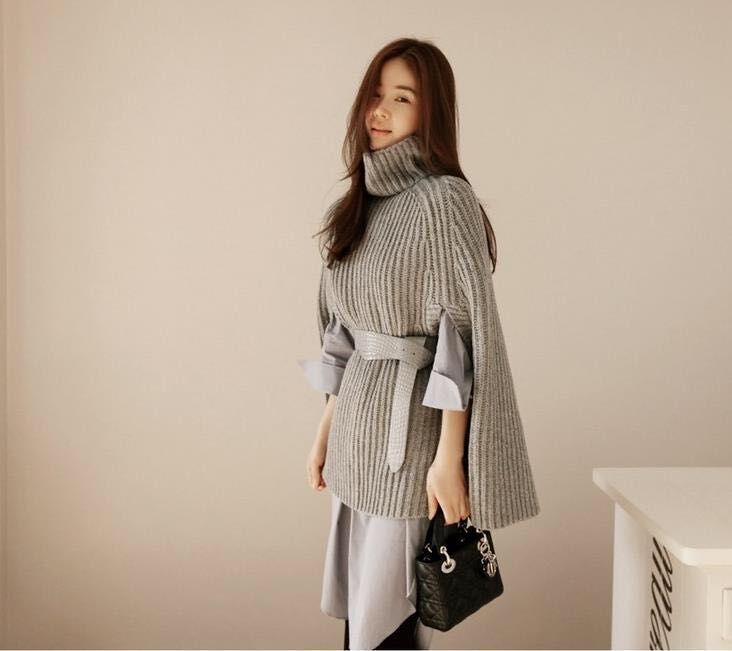 Women’s Ribbed Knit Turtleneck Cape Sweater