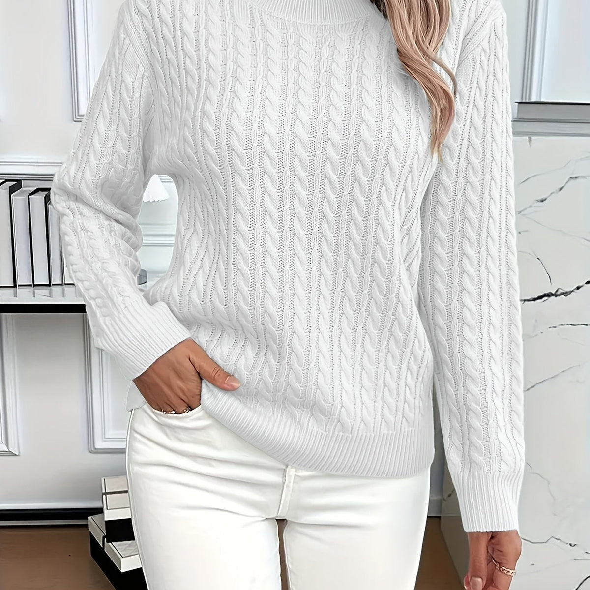 Women’s Classic Cable Knit Mock Neck Sweater