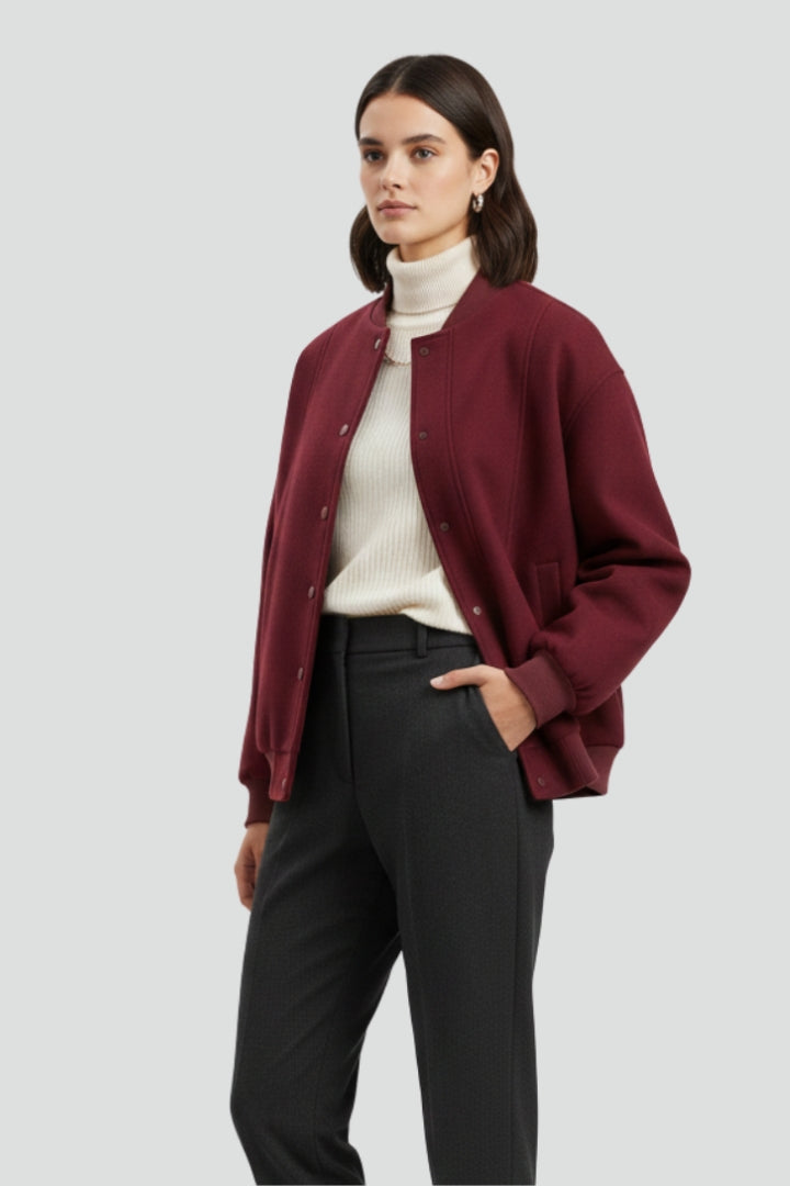 Women's Ribbed Collar Button-Front Varsity Jacket