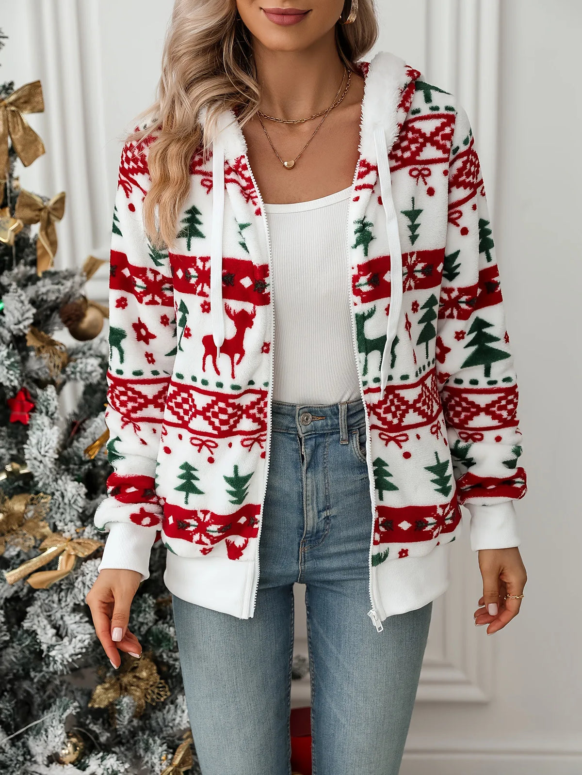 Women’s Christmas Print Plush Fleece Zip-Up Hoodie