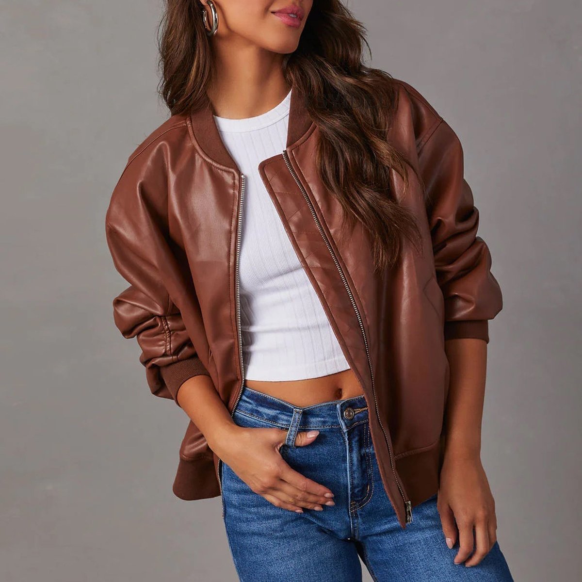 Women's Oversized Zip-Up Faux Leather Bomber Jacket