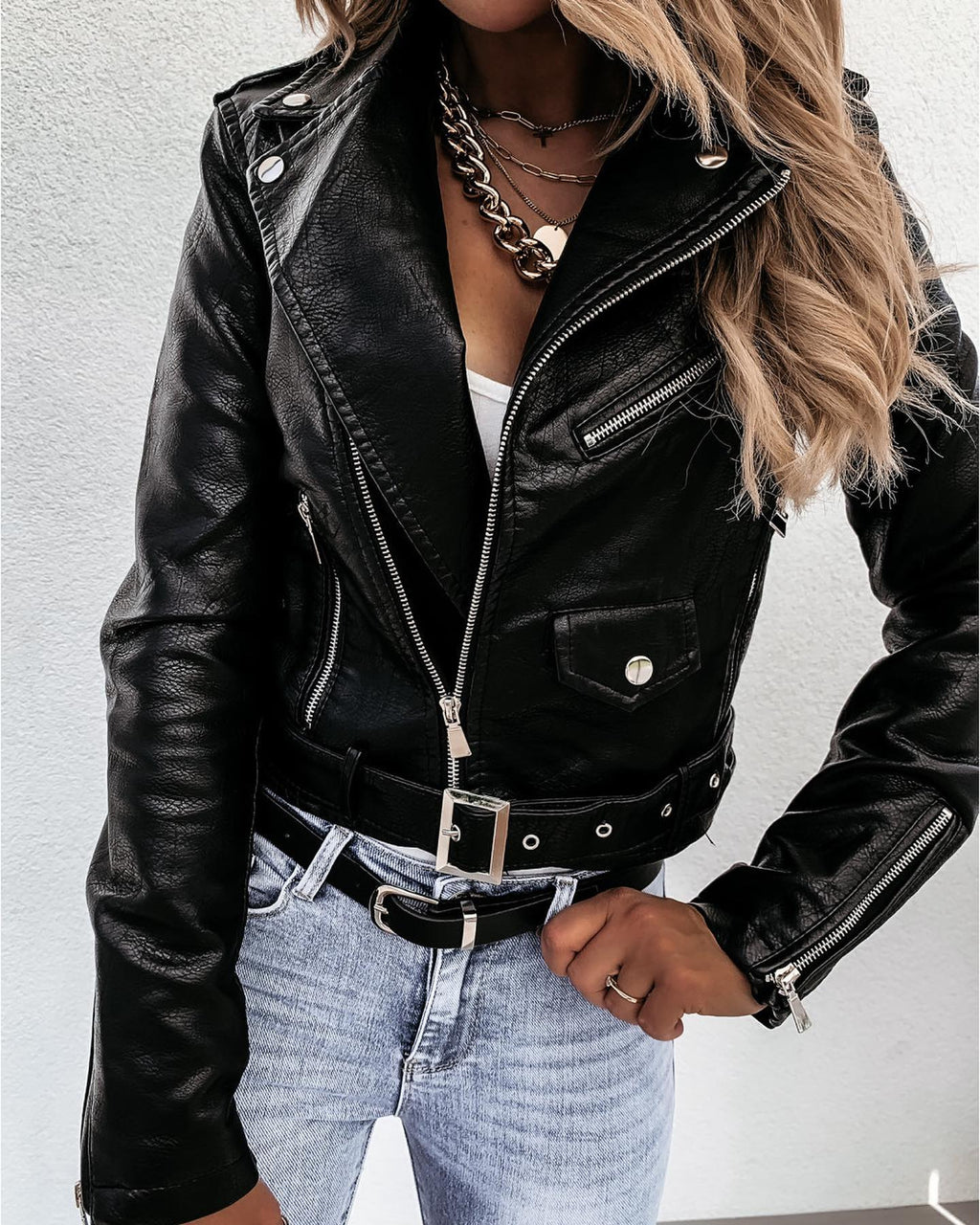 Women’s Belted Faux Leather Biker Jacket with Asymmetric Zip