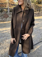 Women's Relaxed Single-Breasted Longline Coat with Wide Collar