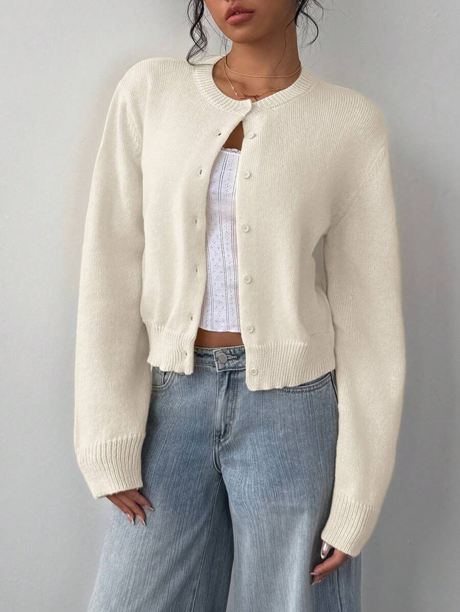Women's Cropped Crew Neck Button-Front Cardigan