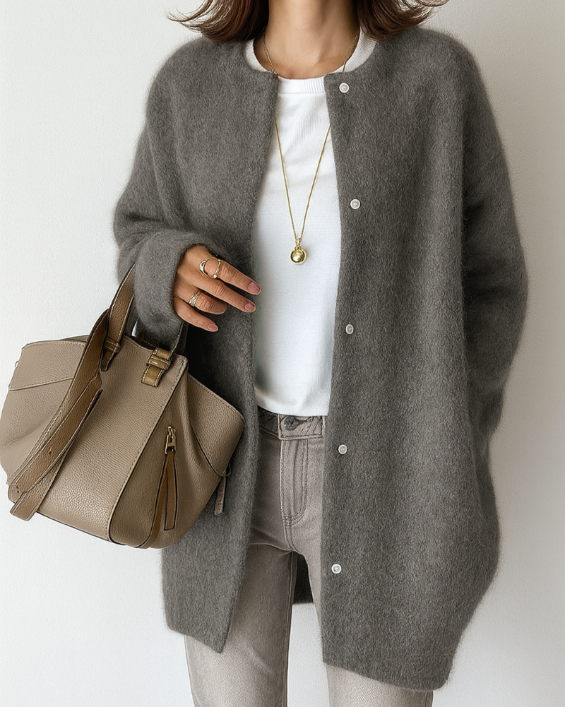 Women’s Longline Fluffy Knit Crew Neck Button Cardigan