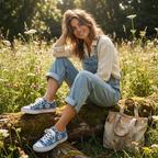 Women's Floral Print Distressed Denim Sneakers