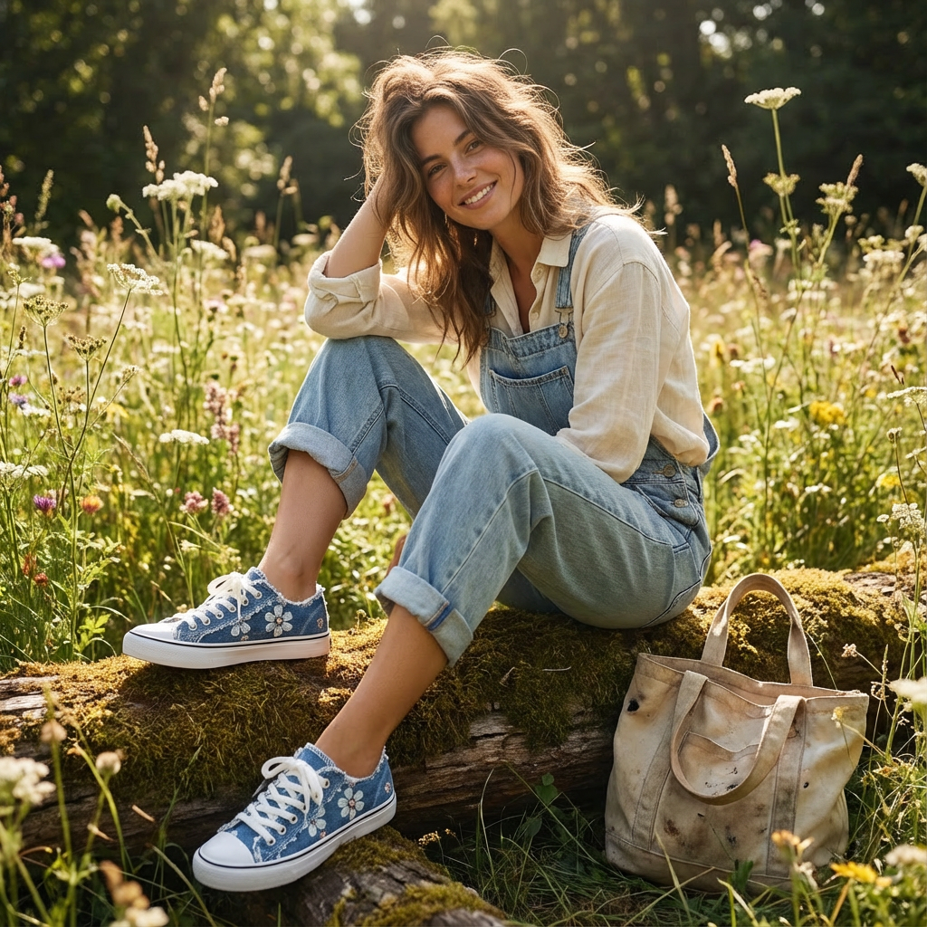 Women's Floral Print Distressed Denim Sneakers
