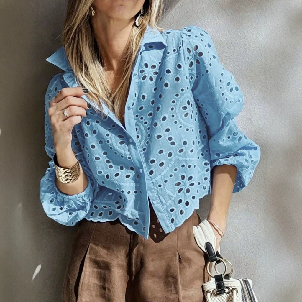 Women's Eyelet Embroidered Balloon Sleeve Button-Up Blouse