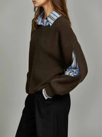 Women’s Oversized Knit Sweater with Striped Shirt Layer and Slit Sleeves