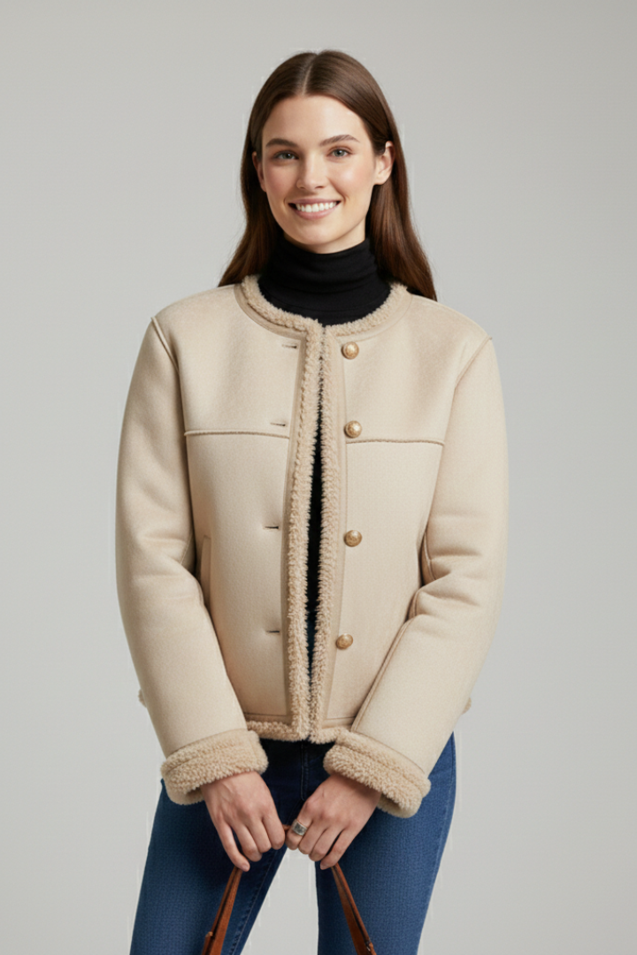 Women's Shearling Trim Collarless Button Jacket