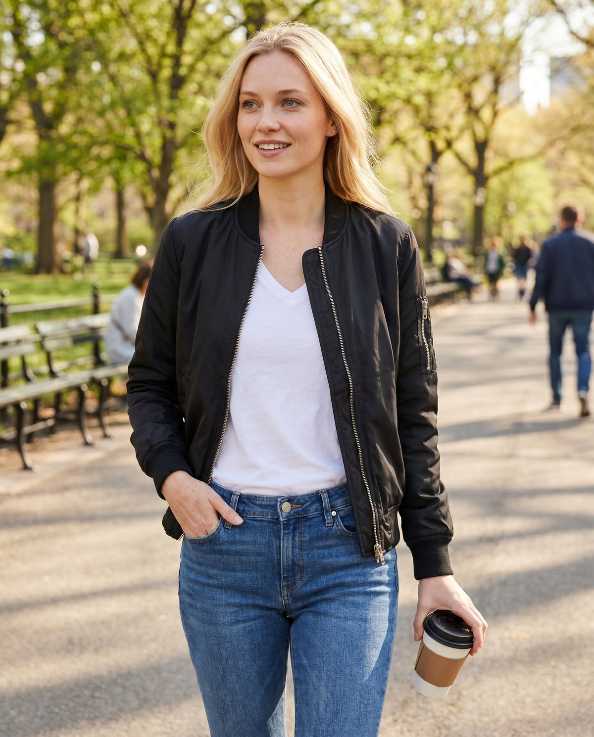 Women's Classic Zip-Up Bomber Jacket with Sleeve Pocket