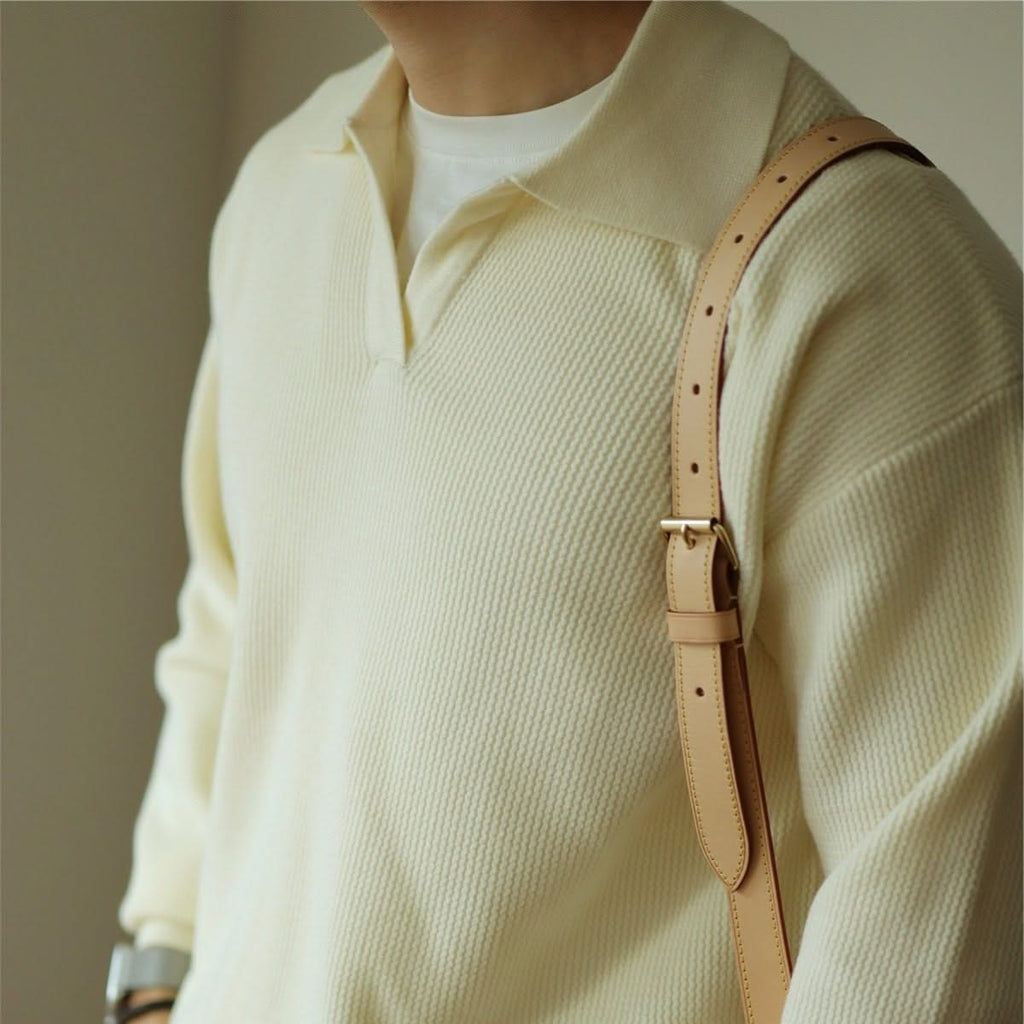 Men's Textured Knit Open Collar Long Sleeve Polo
