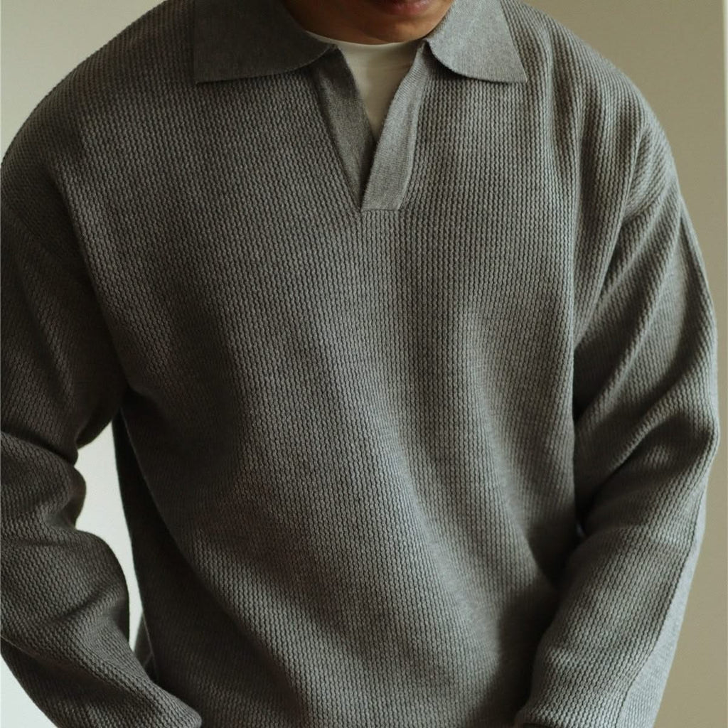 Men's Textured Knit Open Collar Long Sleeve Polo