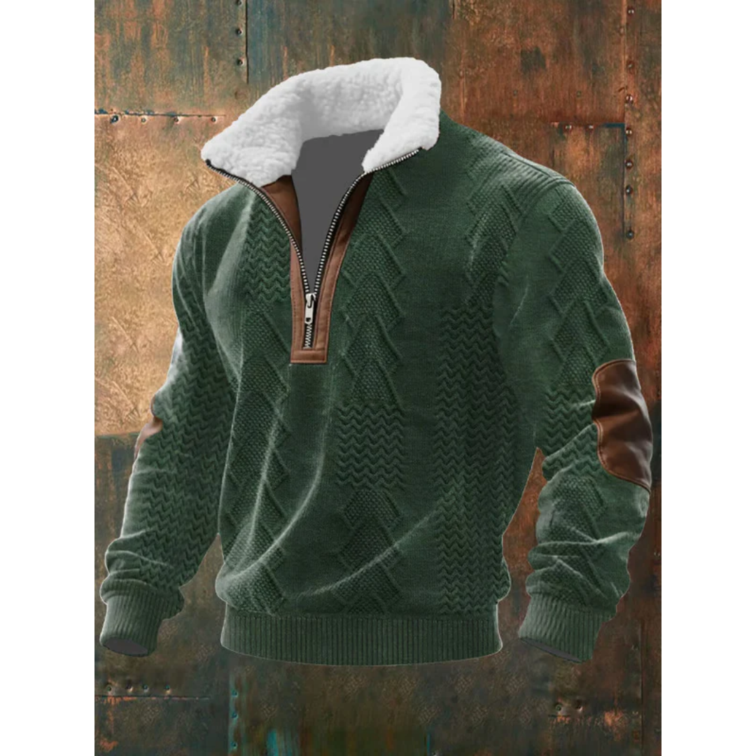 Men's Sherpa Collar Quarter-Zip Knit Sweater with Elbow Patches