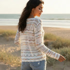 Women’s Pointelle Knit V-Neck Sweater with Stripe Detail