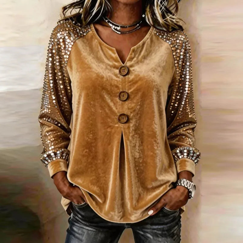 Women's Sequin Sleeve Button-Front Velvet Top