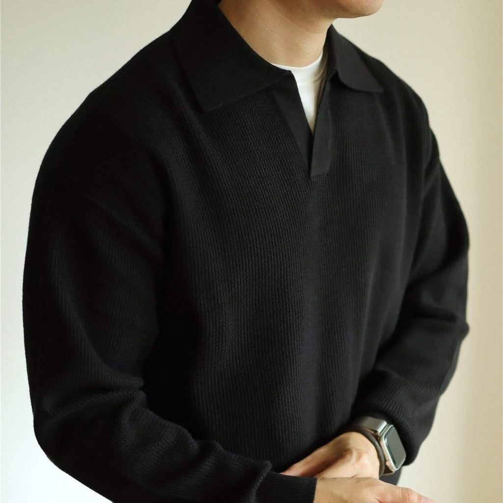 Men's Textured Knit Open Collar Long Sleeve Polo