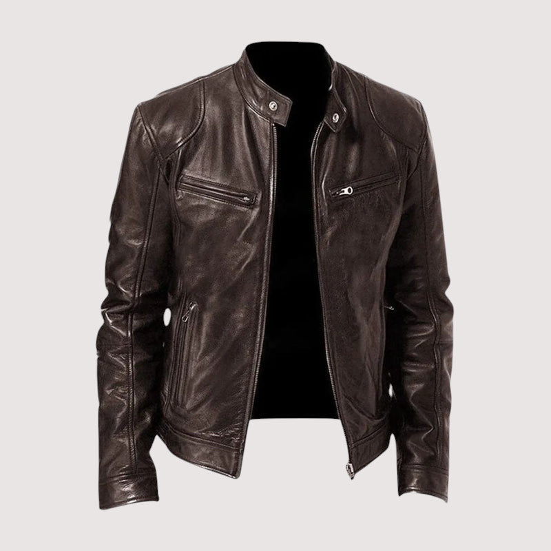 Men's Faux Leather Café Racer Jacket with Zip Pockets