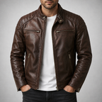 Men's Faux Leather Biker Jacket with Quilted Shoulders