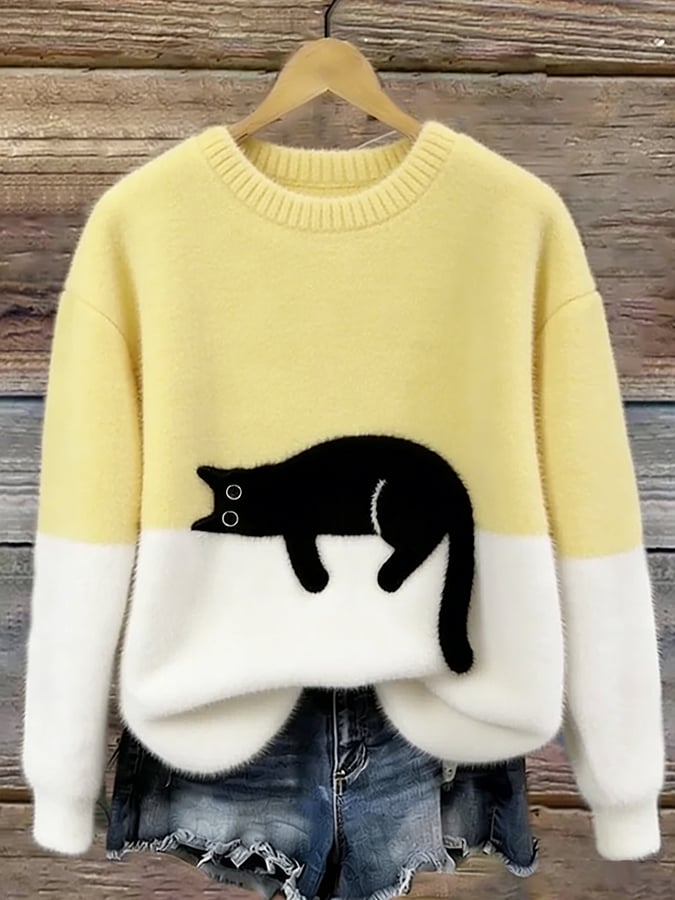 Women’s Colour Block Fluffy Knit Sweater with Lounging Cat Design
