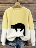 Women’s Colour Block Fluffy Knit Sweater with Lounging Cat Design