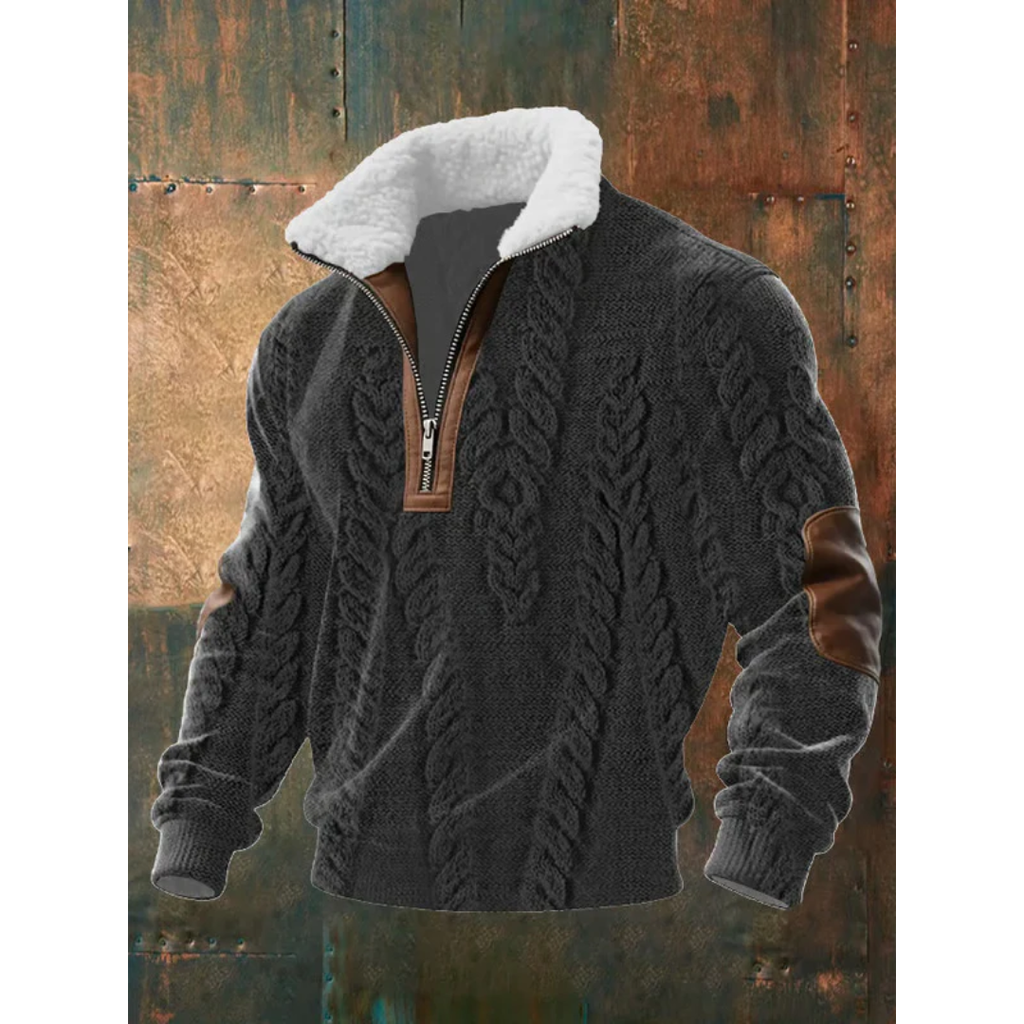 Men's Sherpa Collar Quarter-Zip Knit Sweater with Elbow Patches