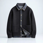 Men's Ribbed Knit Cardigan Jacket with Denim Trim