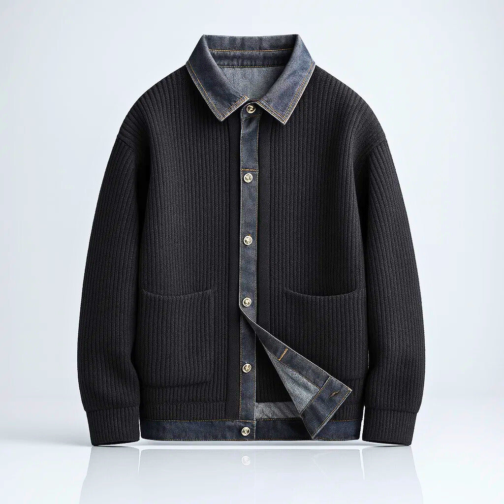 Men's Ribbed Knit Cardigan Jacket with Denim Trim