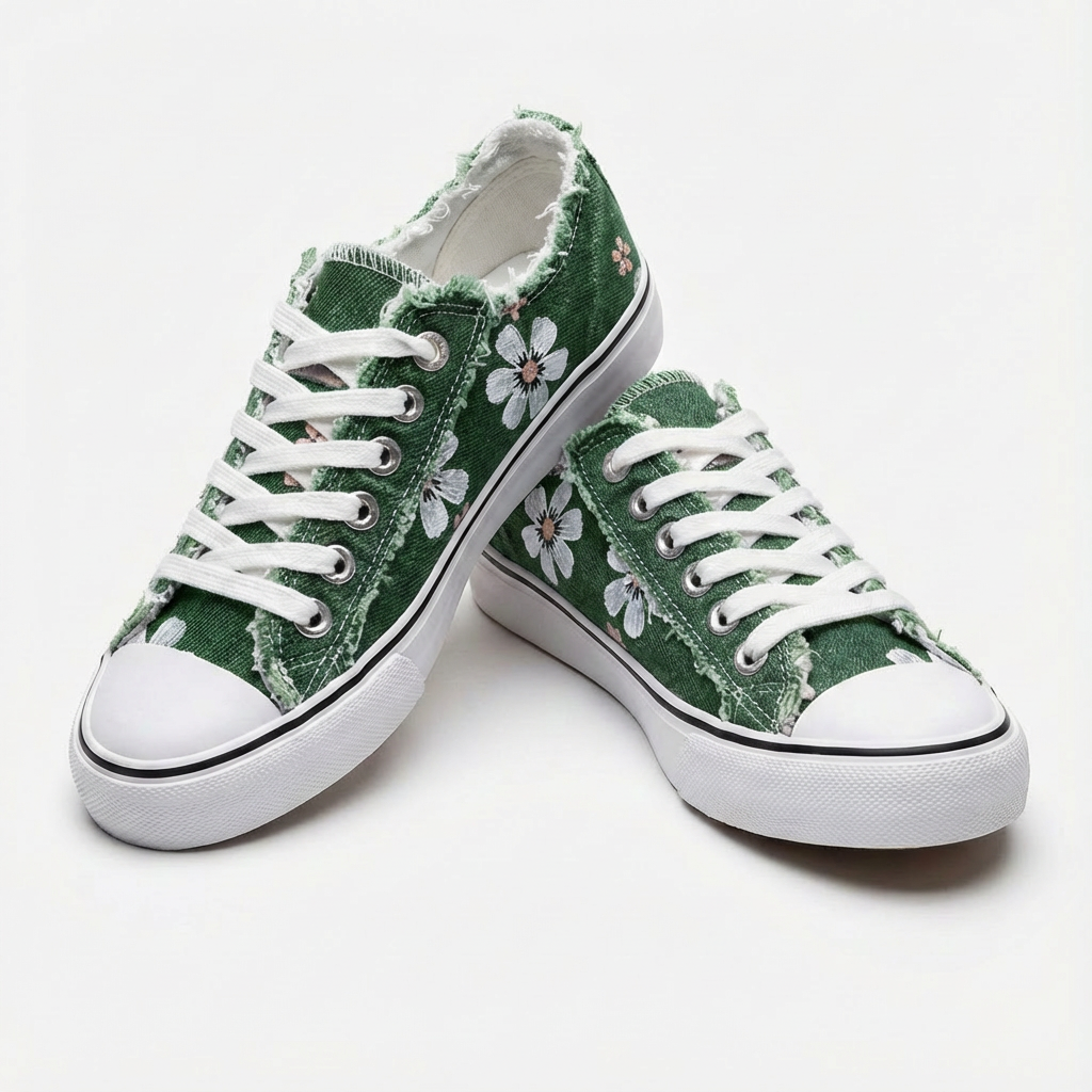 Women's Floral Print Distressed Denim Sneakers