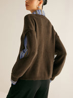 Women’s Oversized Knit Sweater with Striped Shirt Layer and Slit Sleeves