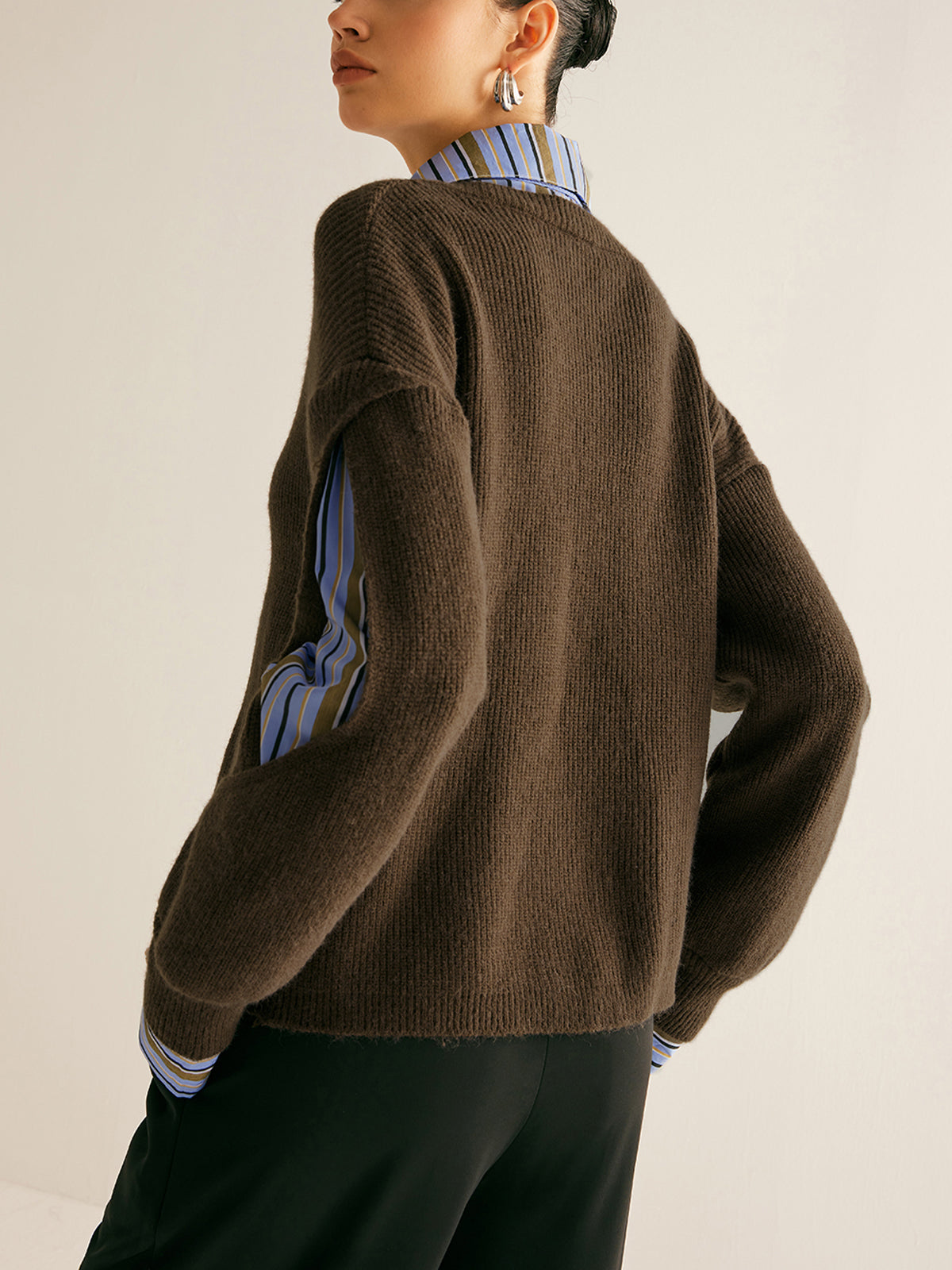 Women’s Oversized Knit Sweater with Striped Shirt Layer and Slit Sleeves