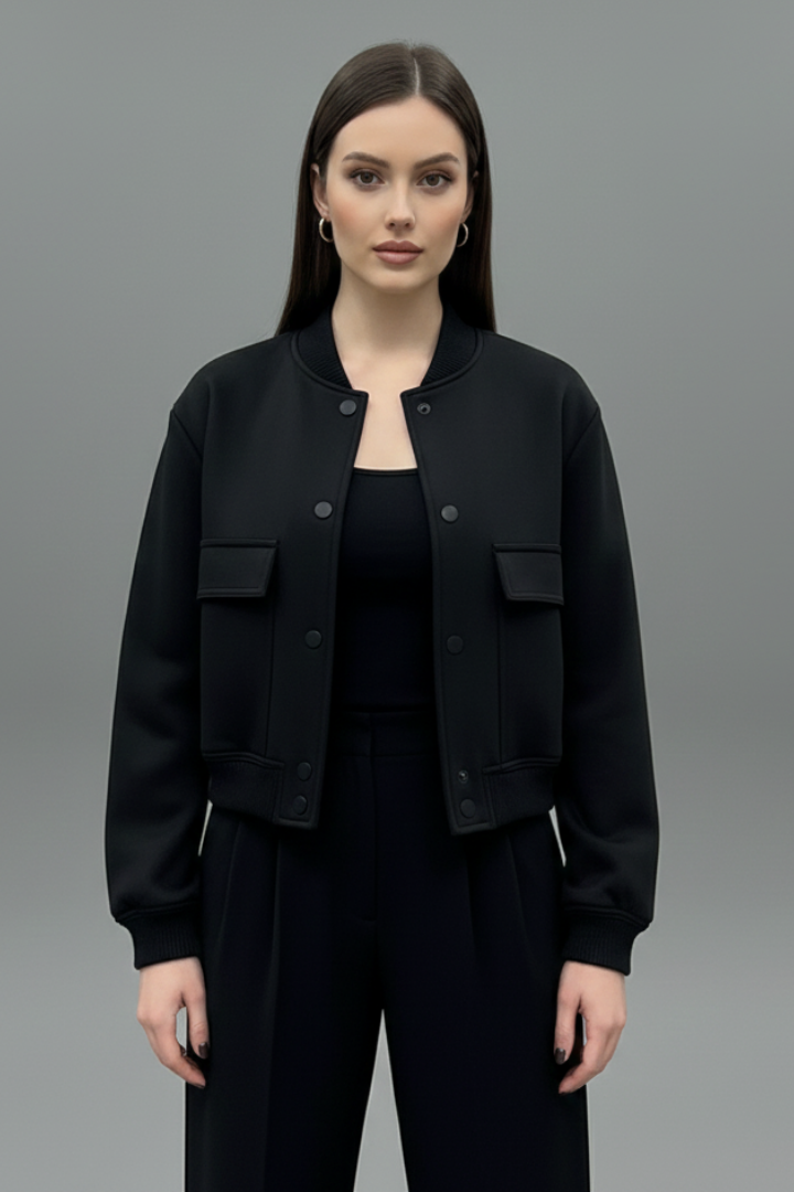 Women's Cropped Snap-Button Bomber Jacket with Flap Pockets