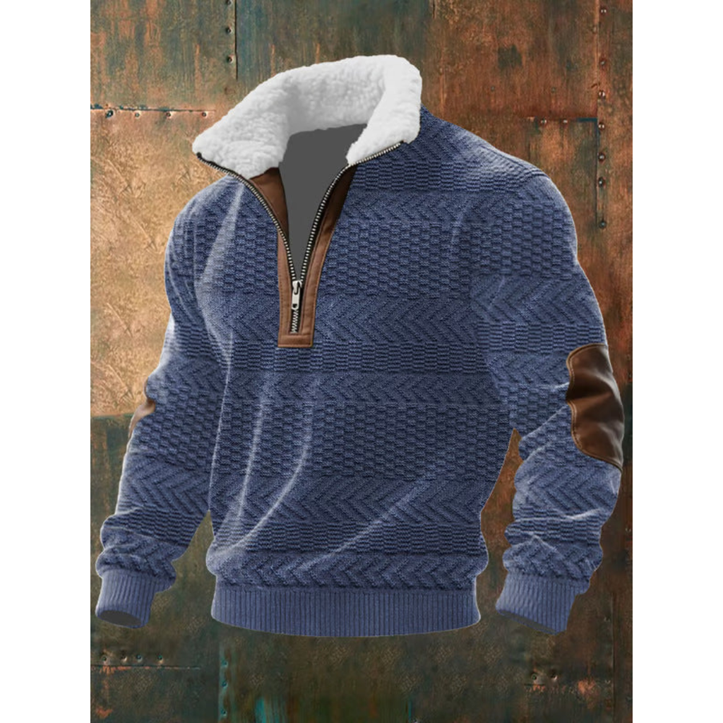 Men's Sherpa Collar Quarter-Zip Knit Sweater with Elbow Patches