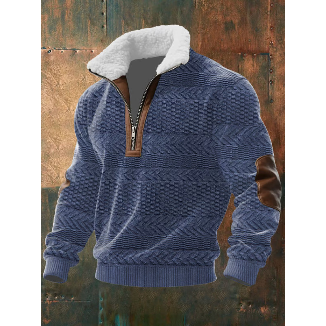 Men's Sherpa Collar Quarter-Zip Knit Sweater with Elbow Patches