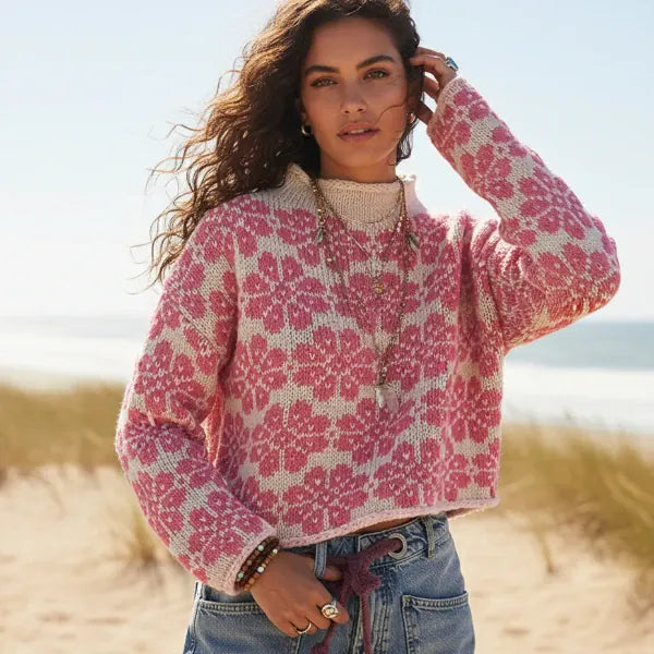 Women’s Floral Jacquard Knit Cropped Mock Neck Sweater