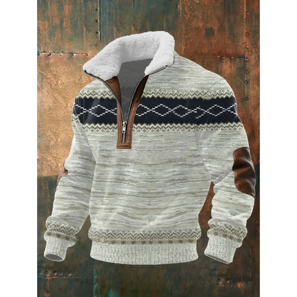 Men's Sherpa Collar Quarter-Zip Knit Sweater with Elbow Patches