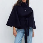Women's Belted Cape Coat with High Button Collar
